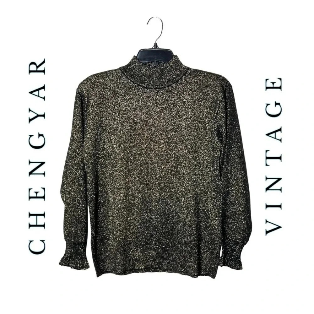 1655. VINTAGE CHENGYAR LONG SLEEVE TOP KNITTED‎ MOCK NECK SHOULDER PADS METALLIC